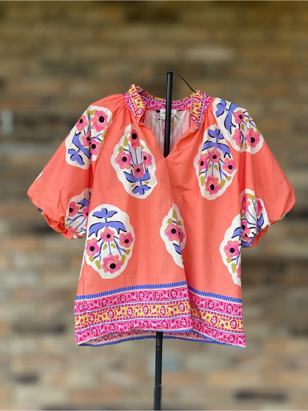Umgee XL Coral Pink Floral Print Puff Sleeve Boho Blouse